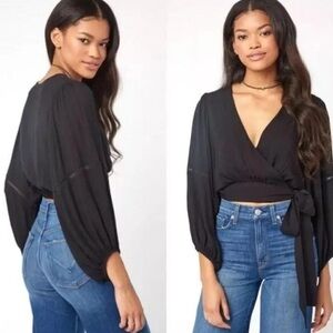 Free People Black Balloon Sleeve Wrap Top